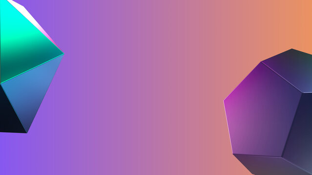 Vibrant abstract background with futuristic geometric polyhedrons featuring iridescent surfaces against a smooth, modern gradient of purple and orange hues