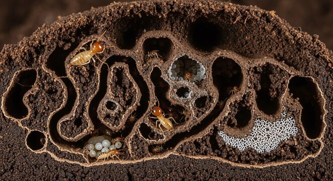 Intricate cross-section of a termite mound reveals complex tunnels and insect life within the soil.