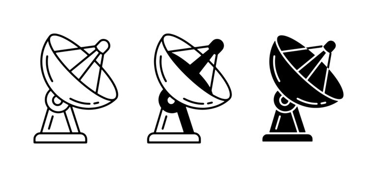 Satellite Dish Icons Set, Radio Telescope Vector Graphics, Communication Antenna Symbols for Science and Technology