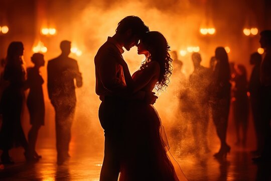 Silhouetted couple embracing and slow dancing on a smoky, golden-lit dance floor surrounded by guests, creating an intimate romantic atmosphere