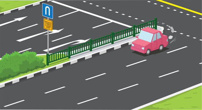 An educational road safety scene showing a pink car making a legal U-turn on a multi-lane road.