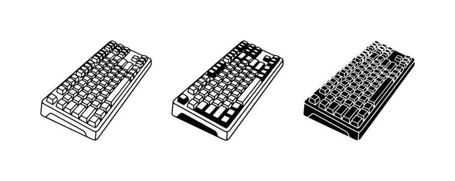 Three Vector Keyboard Illustrations, Minimalist Design, Technology Icons, Computer Input Devices, Digital Communication Graphics