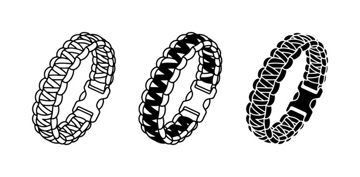 Paracord Bracelets, Survival Gear Accessories, Outdoor Adventure Jewelry, Black and White Vector Icons