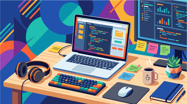Developer workspace with laptop displaying code and programming languages on a desk with colorful neon lighting