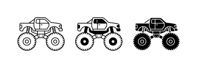 Monster Truck Icons, Off-Road Vehicle Graphics, Extreme Sports Vector Art, Black and White Designs © Sumon