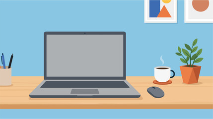 Fototapeta premium Minimalist workspace with a laptop featuring a blank screen for mockup on a clean wooden desk with a mouse