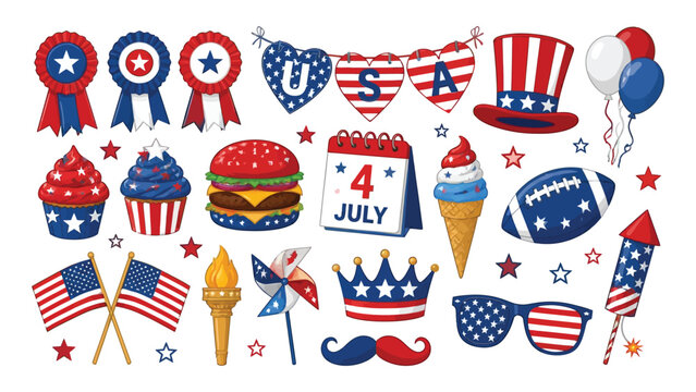 Vibrant 4th of july celebration icons and symbols on white background