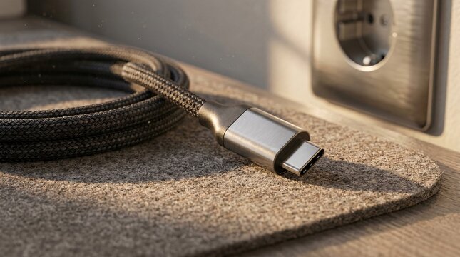 Close-up of a braided USB-C charger cable with a metallic connector resting on a desk surface under warm sunlight