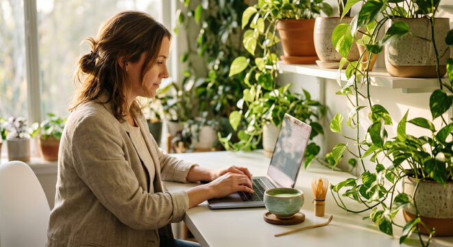 Minimalist Desk Workspace with Indoor Plants and Warm Natural Light