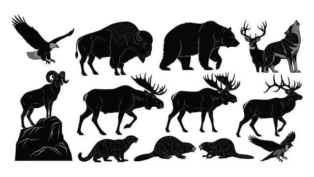 Set of north american wildlife silhouettes featuring majestic bear bison moose deer eagle and wolf designs for outdoor adventure graphics