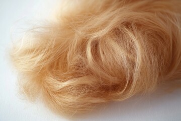 Naklejka premium soft tangle of light strawberry blonde hair on a pale white surface, warm and delicate closeup