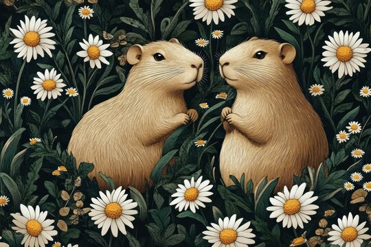 Two small affectionate brown rodents among white daisies and lush green foliage, sharing a tender curious moment