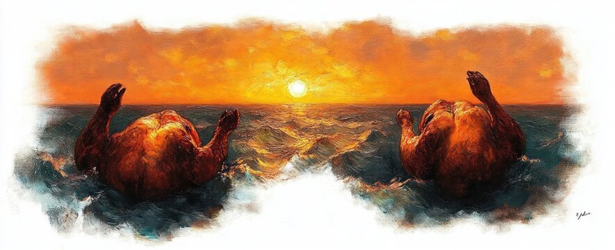 Two brown bears floating on their backs in a glowing orange sunset over churning ocean waves, serene and contemplative mood with painterly brushstrokes