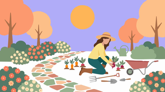 Woman Harvesting Vegetables in a Vibrant Autumn Garden Illustration