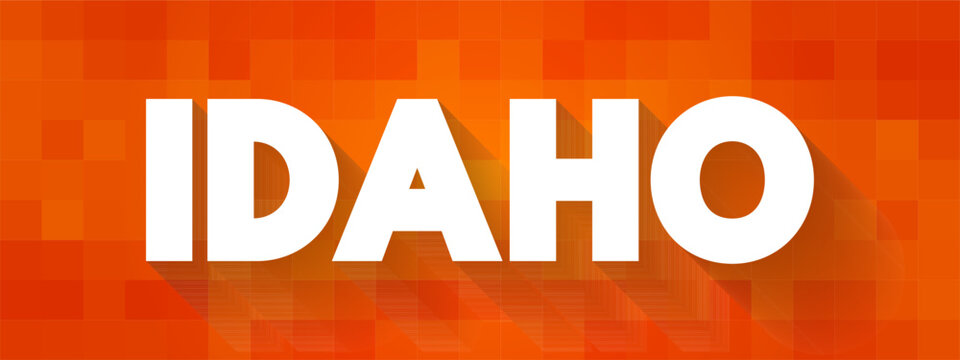 IDAHO text word on a pixelated background. Creative banner or poster representing the US state of Idaho with long shadows and sans-serif typography for travel, tourism, or geography concepts.
