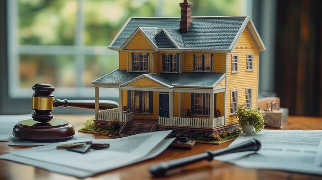 Miniature yellow two-story house on a wooden table surrounded by legal papers, a gavel and a stamp, conveying a serious real estate legal decision