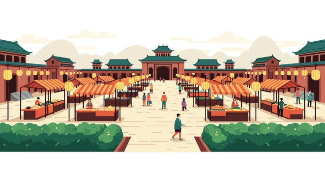 Vibrant pixel art illustration of a bustling ancient Chinese marketplace with traditional architecture, food stalls, and active crowds.
