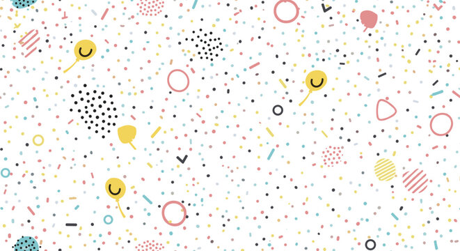 Colorful abstract pattern featuring playful dots, confetti, balloons, and geometric shapes for celebration and festive backgrounds.