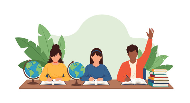Diverse group of students sitting at a desk with globes and books while one student raises a hand for classroom education concepts.