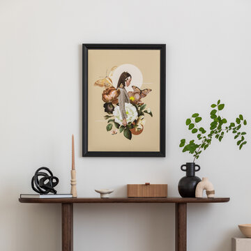 Stylish and minimalist composition on wooden design commode with mock up poster frame, flowers in vase, decorations and personal accessories. Template.
