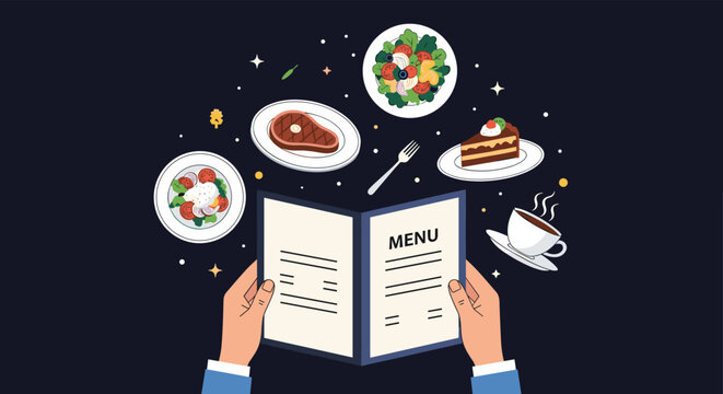 Person looks at a menu while various delicious food dishes like steak and salad float around them against a dark sky.