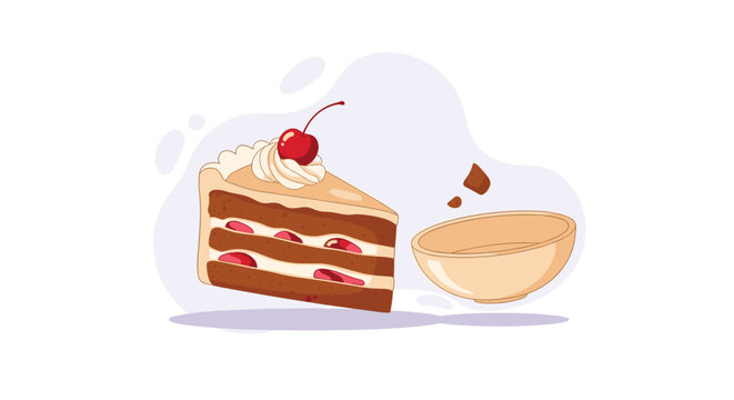 Delicious slice of chocolate layered cake with a cherry on top sits next to a small bowl on a soft background.