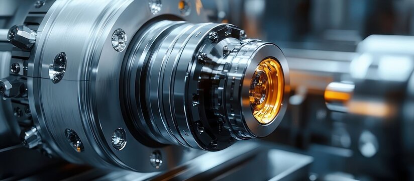 close-up of precision machined cylindrical metal assembly with bolts, polished chrome surfaces and glowing amber core conveying sleek high-tech industrial precision