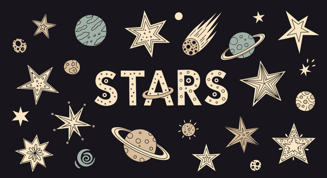 Cute space exploration doodle background with stars, planets, comets, and orbits around the word STARS in the center.