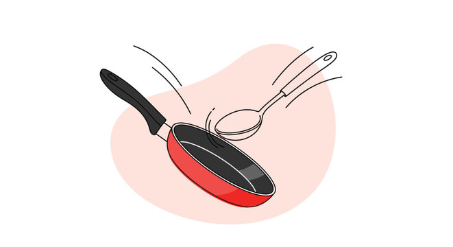 Illustration of a red frying pan with a metal spoon tossing food to show active cooking and culinary preparation.