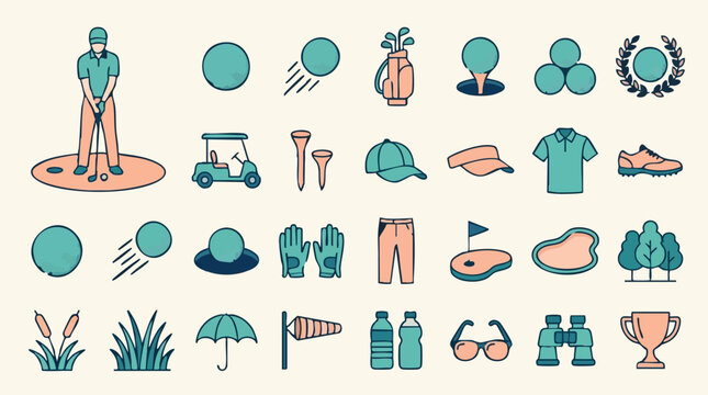 Collection of flat design golf game elements and accessory icons