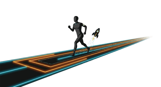 A man runs on a track with a bird flying alongside him outdoors.