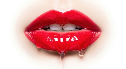 Obraz premium Closeup of glossy red lips with dripping liquid.