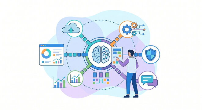Artificial Intelligence System Flat Illustration &ndash; AI Core Network Controlling Digital Modules