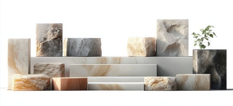 minimal serene display of textured stone and marble blocks on stepped white podium with small leafy plant and soft studio lighting