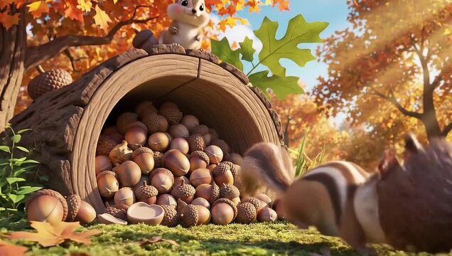 Animated Squirrels Autumn Acorn Hoard - A Whimsical Forest Scene.