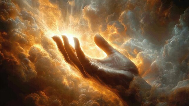 open hand emerges from golden clouds cradling a radiant light, awe-inspiring and uplifting
