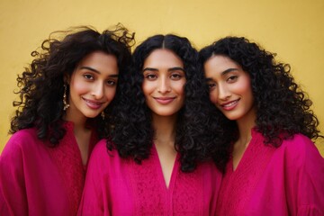 Obraz premium Three young asian women in matching magenta dresses smiling together against a yellow wall, curly hair, friendship portrait
