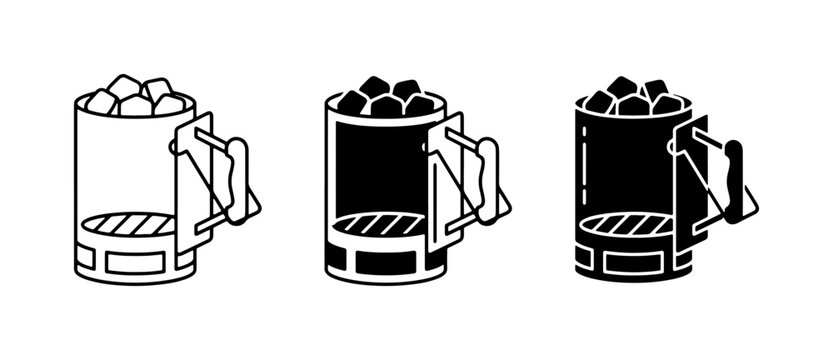 Charcoal Chimney Starter Icons, Barbecue Grill Tool Set, Black and White Vector Graphics