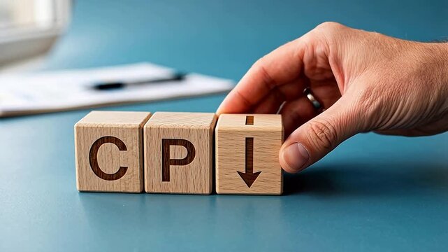 Hand arranging wooden blocks with CPI text for creative digital media and visual arts