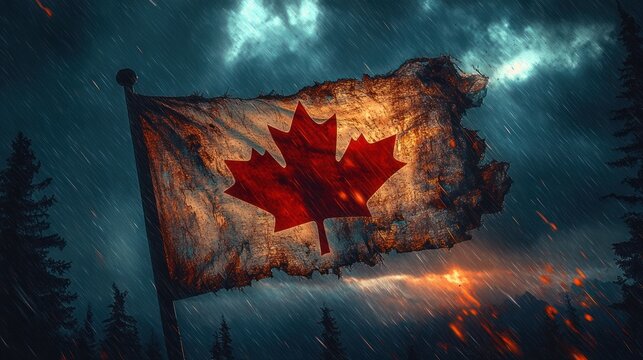 tattered storm-battered flag bearing a large red leaf emblem, scorched and smoldering at the edges, whipping above silhouetted pine trees under heavy rain and lightning, ominous and defiant