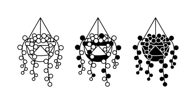 Hanging String of Pearls Plant Icons, Monochrome & Outline Styles, Vector Graphics for Home Decor