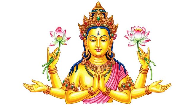 Vibrant watercolor painting of a celestial four-armed deity with a golden crown and lotus flower, set against a pristine white background, gold, artistic, meditation