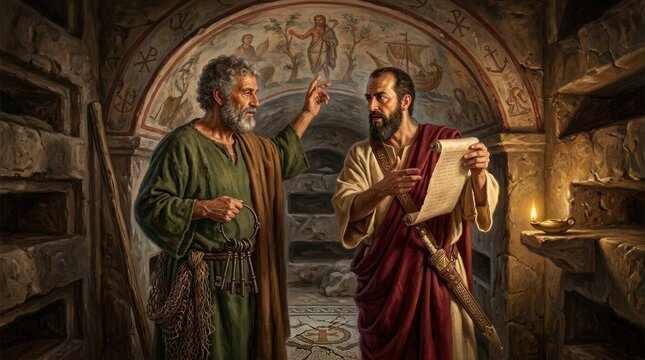 Saints Peter Paul, revered apostle sharing holy doctrine, dark subterranean chamber, lit by candle, Peter holds metal key fishing net, Paul studies old parchment, carries Roman sword.