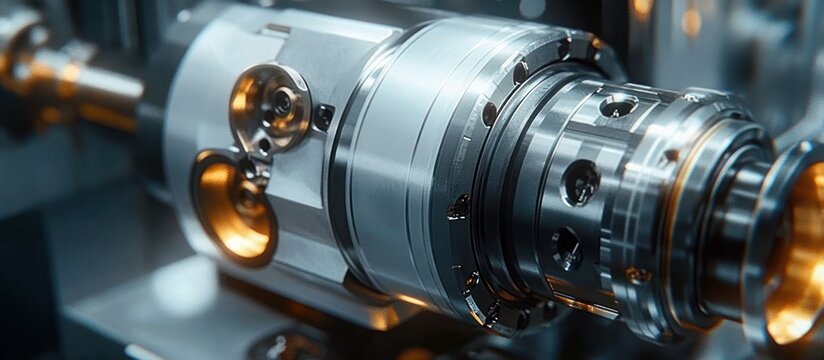 close-up of polished cylindrical metallic machine component with precision holes, bolts and rotating shaft conveying sleek technical precision