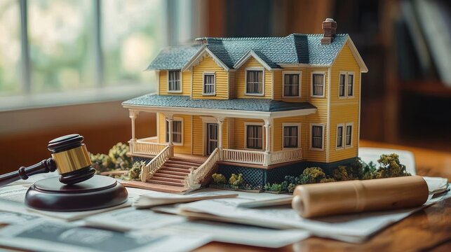 Miniature yellow two-story house model on paperwork with a gavel and wooden stamp on a sunlit table, evoking legal decision and tense property settlement