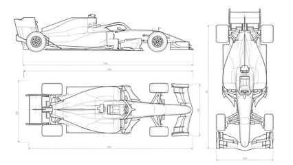 Fototapeta premium Detailed 2D CAD drawings of a racing car showcase its design