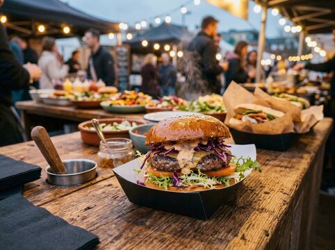 Gourmet burger served on wooden table at bustling evening food market with string lights