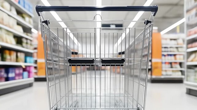 Shopping Cart Perspective - Navigating Aisles in a Supermarket.
