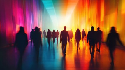 Fototapeta premium Silhouetted crowd walking through a glowing multicolored corridor with reflections and motion blur, evoking a mysterious and hopeful futuristic atmosphere