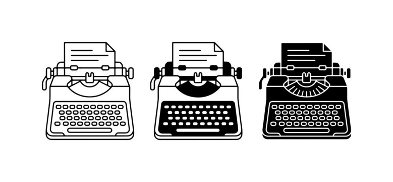 Vintage Typewriter Icons, Retro Writing Machine Graphics, Classic Journalism Tools, Black and White Vector Set